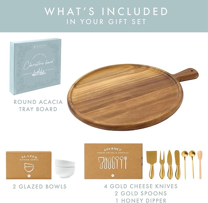 Charcuterie Board Set - Round Acacia Cheese Board Serving Tray with Accessories - House Warming Gifts for New Home, Bridal Shower & Wedding Gift, Birthday Gifts for Women