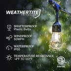 Brightech Ambience Pro - 48 Ft Waterproof, Solar Power Outdoor String Lights - 1W LED Hanging Edison Bulbs Create Bistro Ambience in Your Yard - Commercial Grade, Shatterproof - 15 Lights, Soft White
