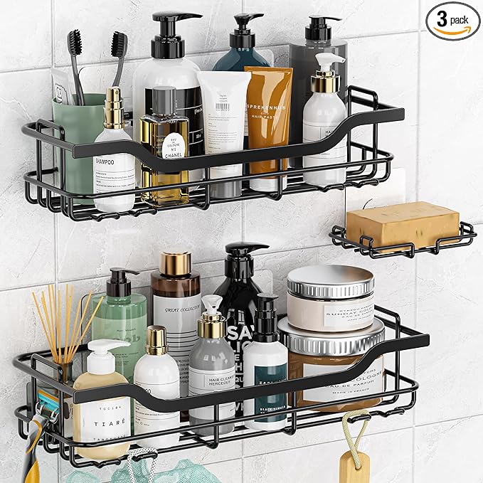 OMAIRA 3-Pack Shower Caddy with Soap Holder, Adhesive Rustproof No-drill Strudy Loading Inside Shower Organizer Shelves Rack Storage Bathroom Organization for Smooth Wall Glass Tile, Black (Large)