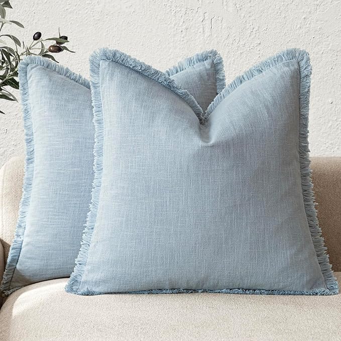 Foindtower Set of 2 Decorative Linen Fringe Throw Pillow Covers Boho Farmhouse Cushion Cover with Tassels Soft Accent Pillowcase for Couch Chair Sofa Bed Living Room Home Decor,20×20 Inch,Sky Blue