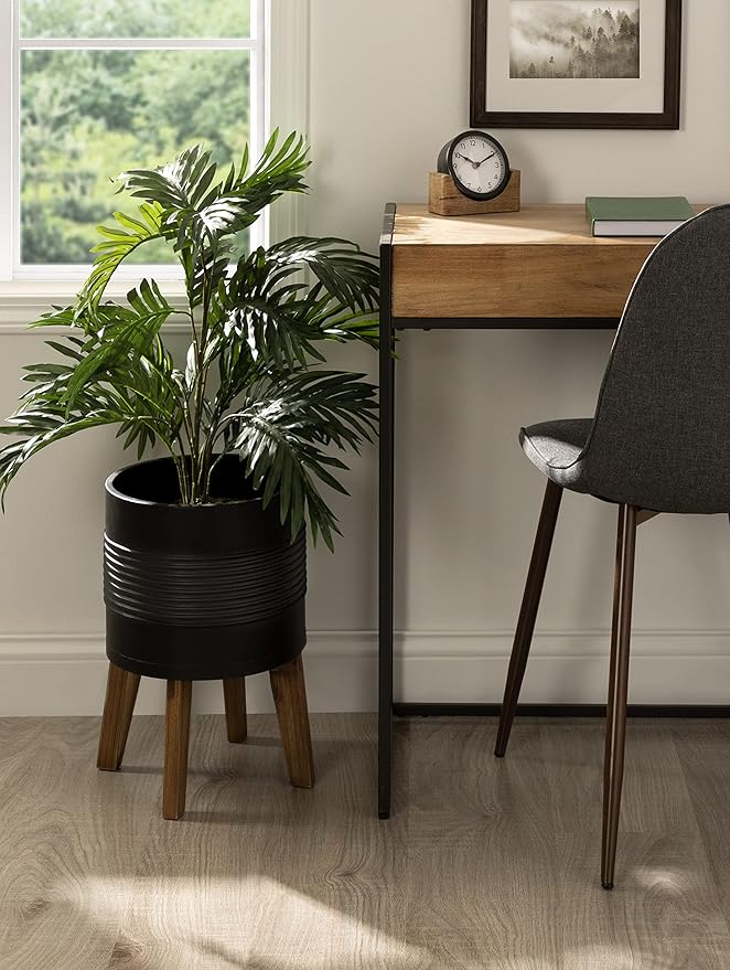 Kate and Laurel Gavri Farmhouse Freestanding Indoor Planter; 11.25 Inch Diameter; Black and Rustic Brown; Decorative Plant Stand with Wood Base and Iron Pot