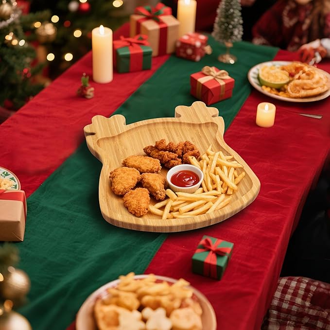 TJ POP Christmas Reindeer Bamboo Serving Tray - Laser-Carved Cute Deer Face Pattern, Natural Wooden Snack Platter Charcuterie Board, Holiday Party Kitchen Decor for Sweets, Snacks, Drinks (10” x 9”)