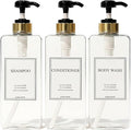 Modern Gold Design Large 27 oz Shampoo and Conditioner Dispensers - Empty Plastic Refillable Pump Bottle Set for Bathroom Shower Soap Dispenser, Gift Box Included, Set of 3 (Clear & Black)
