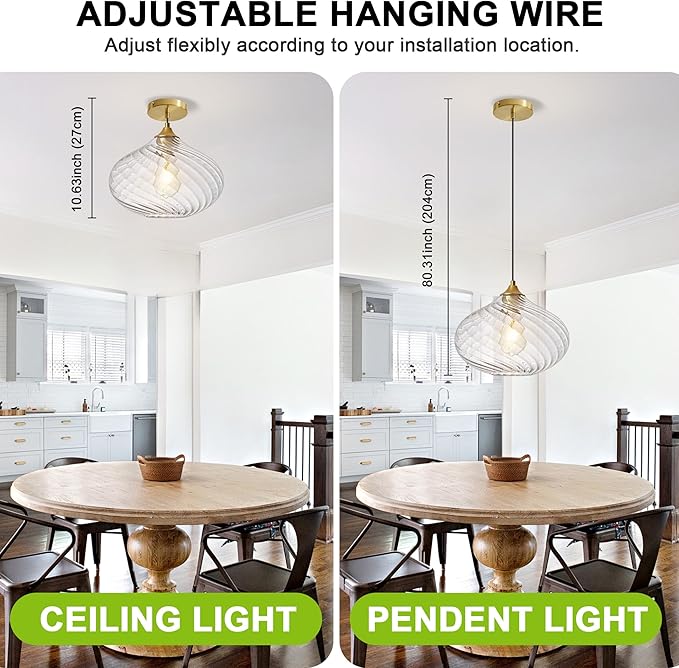 Glass Pendant Lights Kitchen Island, Brass Gold Pendant Lighting Fixtures, Modern Hanging Ceiling Light with 11'' Striped Clear Glass Shade for Farmhouse Dining Room Bedroom Hallway(1 Pack)