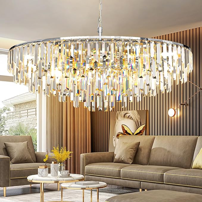 Chrome Modern Round Top K9 Crystal Chandelier Lighting Fixture, 17 Lights Round K9 Crystal Adjustable Hanging Lamp for Dining Room Bedroom Living Room,Hallway,Bar,Kitchen W39''