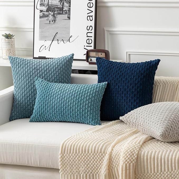Kevin Textile Throw Pillow Covers Soft Corduroy Decorative Set of 2 Boho Striped Pillow Covers Pillowcases Farmhouse Home Decor for Couch Bed Sofa Living Room 12x20 Inch Blue Grey