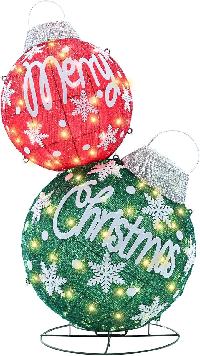 Large Lighted Christmas Ball Ornaments,35Inch 3D Pre-Lit LED Holiday Decor with Base for Outdoor Yard, Garden,Patio-Festive Glow (Red/Green)