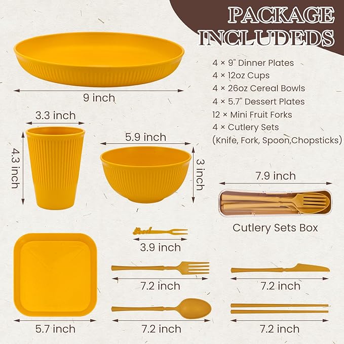 40-Piece Wheat Straw Dinnerware Set, Service for 4, Unbreakable Plates Bowls Cups Utensils with Fruit Forks, Dishwasher & Microwave Safe, Apartment Essentials & Outdoor Camping