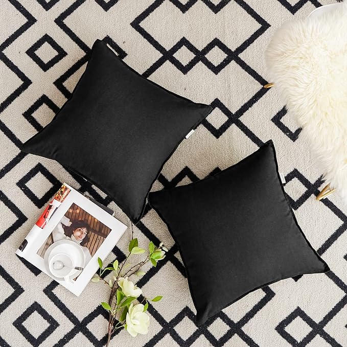 Jeanerlor 18"x18" Solid Cotton Linen Decoration Throw Pillow Case with Zipper Euro Sham Cushion Case Cool Pillow Cover Delicate Decorative Pillowcase for Chair/Bed/Couch,2 Packs, Black