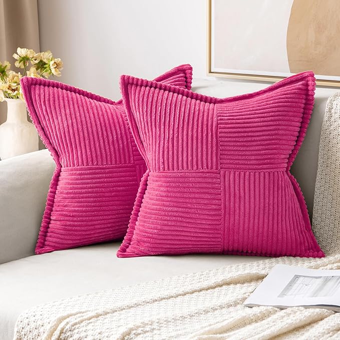 MIULEE Decorative Throw Pillow Covers for Couch Bed Livingroom 18x18 Inch Set of 2 Hot Pink Boho Accent Throw Pllows Broadside Striped Patchwork Soft Corduroy Pillowcases