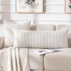 Fancy Homi Cream Boho Long Body Lumbar Decorative Throw Pillow Cover 14x36 Inch for Bed Couch Bedroom Bench, Soft Corduroy Rectangle Solid Pillow Case 35x91 cm, Rustic Farmhouse Room Decor