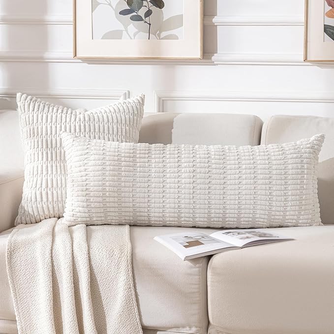 Fancy Homi Cream Boho Long Body Lumbar Decorative Throw Pillow Cover 14x36 Inch for Bed Couch Bedroom Bench, Soft Corduroy Rectangle Solid Pillow Case 35x91 cm, Rustic Farmhouse Room Decor