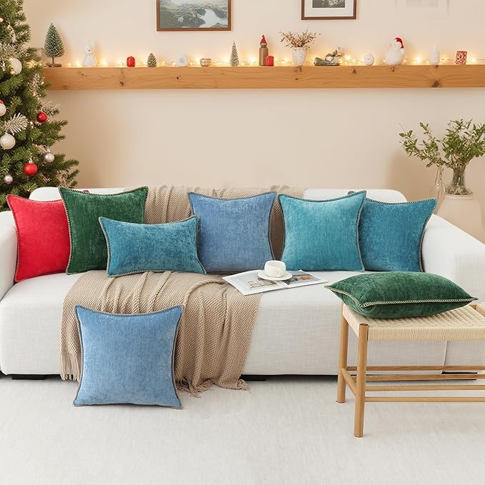 decorUhome Christmas Chenille Soft Throw Pillow Covers 20x20 Set of 2, Farmhouse Velvet Neutral Decorative Euro Pillow Covers with Stitched Edge for Couch Sofa Bed Home Decor, Christmas Red