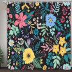 Boho Floral Shower Curtain, Colorful Flower Leaves Design for Bathroom Decor, Modern Rustic Country Wildflower Black Fabric Shower Curtains Set with Hooks, 72x72 Inches