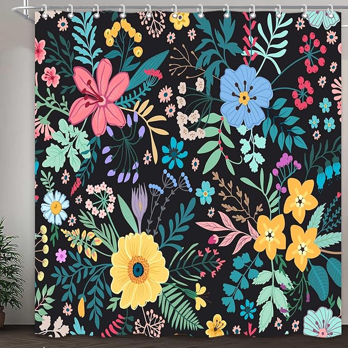 Boho Floral Shower Curtain, Colorful Flower Leaves Design for Bathroom Decor, Modern Rustic Country Wildflower Black Fabric Shower Curtains Set with Hooks, 72x72 Inches
