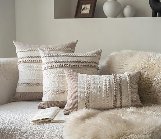 Boho Throw Pillow Covers 18x18 Inch Set of 2, Khaki Textured Decorative Couch Pillow Cases for Farmhouse Home Decor, Accent Cushion Cover for Sofa, Bed, Living Room, Bedroom