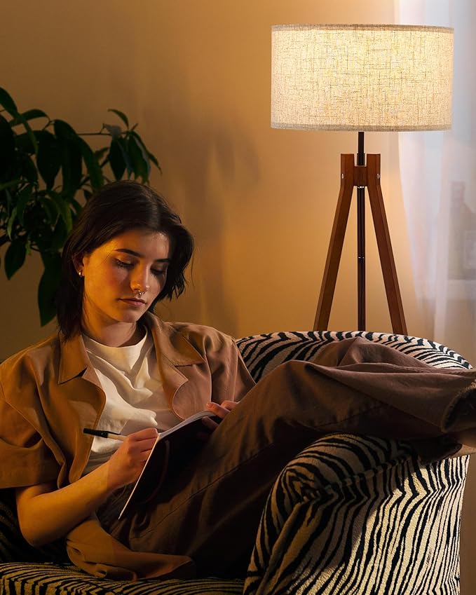 ELYONA Wood Tripod Floor Lamp, Mid Century Reading Standing Lamp with 3 Color Temperatures & Linen Shade, Modern Night Light for Bedroom, Farmhouse, Living Room, Office, 9W LED Bulb Included, Brown