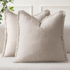 EMEMA Linen Fringe Throw Pillow Covers Set of 2 Boho Farmhouse Accent Decorative Pillowcase with Tassels for Couch Sofa Bed Living Room Home Decor 26x26 Inch,Natural Beige