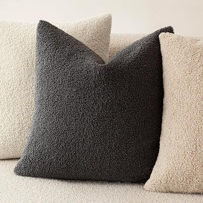 Foindtower Pack of 2, Curly Faux Fur Decorative Throw Pillow Covers Soft Neutral Plush Cushion Case with Zipper Cozy Pillowcase for Home Living Room Couch Bed Sofa 22 x 22 Inch,Dark Gray