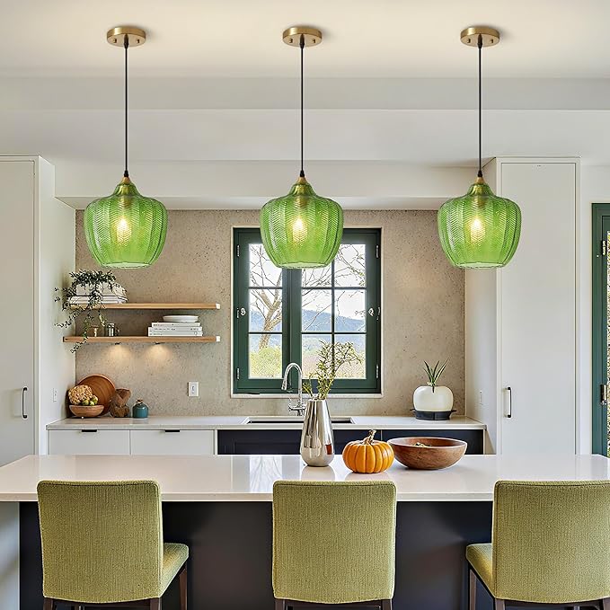 Modern Gold Pendant Light, Green Glass Farmhouse Kitchen Island Pendant Light Fixture Adjustable Vintage Hanging Ceiling Light for Dining Room Corridor Bedroom 9.45 inch