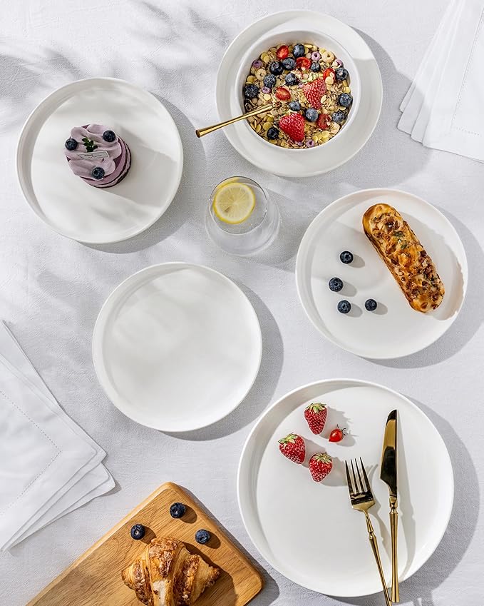 TheTerra Ceramic Dinnerware Sets for 4, 12 Pieces Porcelain Lightweight Plates and Bowls Sets, Scratch Resistant Dish Set, Oven & Microwave & Dishwasher Safe, Bright White