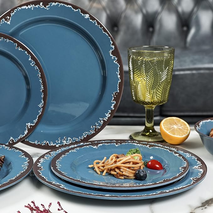 Melamine Dinnerware Set - Yinshine 12-Piece Dishes Set,Shatterproof Plates and Bowls Sets, Lightweight,Unbreakable,Dishwasher Safe,Blue