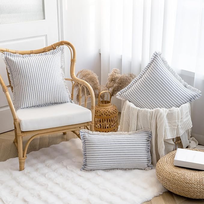 Throw Pillow Covers 12x20 Set of 2 Striped Fringe Pillow Cover Farmhouse Cushion Covers with Tassel Neutral Boho Pillows Decorative Square Pillowcase for Couch Sofa Bed, Blue