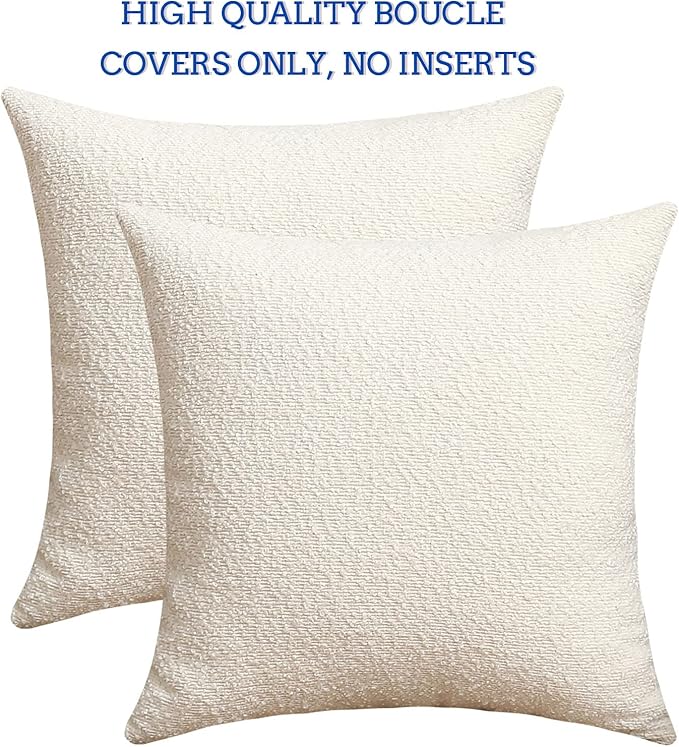 Jeneoo Ivory Decorative Square Thick Throw Pillow Covers Fine Textured Boucle Couch Cushion Cases for Home Livingroom Sofa Decor, Set of 2, 18 x 18 Inch