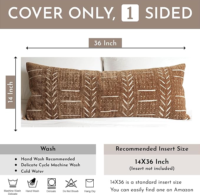 BlissBlush Fall Brown Boho Lumbar Throw Pillow Cover 14X36, Decorative Long Accent Body Lumbar Pillow for Bed, Farmhouse Woven Textured Lumbar Pillowcase for Couch (Cover ONLY)