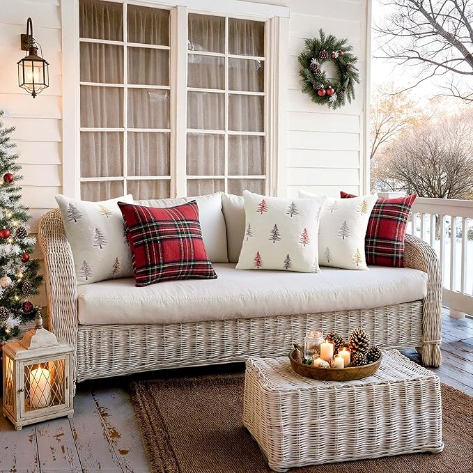 MIULEE Christmas Decorative Pillow Covers Set of 2 Faux Fur Throw Pillows with Embroidered Christmas Tree 18x18 Inch White Red Winter Couch Covers for Festival Sofa Bedroom Living Room Home Decor