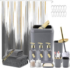 32PC Bathroom Accessory Set Bathroom Accessories Set Grey Bathroom Set, Shower Curtain Set, 2 Piece Bath Towel Set, 3PC Soap Dispenser, Toilet Brush & Trash Can