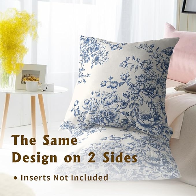 Blue White Flowers Pillow Covers 20x20 Inch, Set of 2 Vintage Floral Chinoiserie Style Decorative Throw Pillowcases Square Cushion Cover for Couch Sofa Bed Farmhouse Home Decor