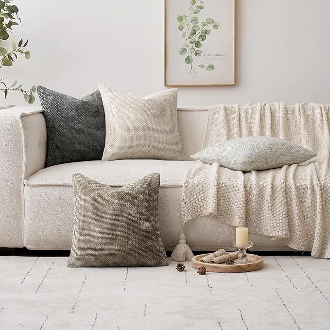 MIULEE Pack of 4 Couch Throw Pillow Covers 24x24 Inch Neutral Soft Decorative Chenille Pillow Covers Farmhouse Boho Accent Cushion Covers for Mid Century Modern Home Decor Sofa Bedroom Living Room