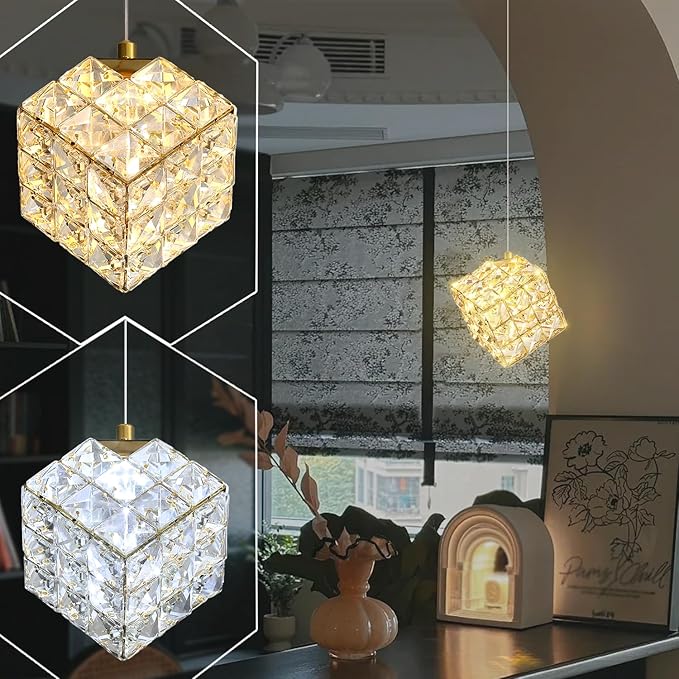 1-Light Modern Gold Pendant Light Fixtures for Kitchen Island Small Hanging Crystal Chandelier for Bedroom Entryway Living Room Foyer Hallway LED Dimmable Chandeliers for Dining Room