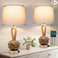 22" Rope Lamps for Night Stands, Bedside Lamps Set of 2, 3-Color Temperatures Boho Lamp with Rotary Switch, Table Lamps for Living Room Bedroom, Rattan Lamp with USB Ports, Bulbs Included