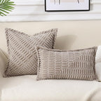 decorUhome Decorative Khaki Throw Pillow Covers 12x20 Set of 2 with Splicing, Boho Lumbar Soft Neutral Corduroy Broadside Twill Pillow Covers for Couch Bed Sofa Living Room