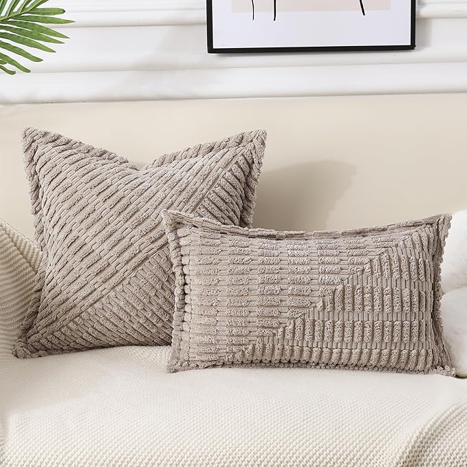 decorUhome Decorative Khaki Throw Pillow Covers 12x20 Set of 2 with Splicing, Boho Lumbar Soft Neutral Corduroy Broadside Twill Pillow Covers for Couch Bed Sofa Living Room