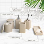 Bathroom Accessories Set, 6 Piece Bathroom Set with Toothbrush Holders, Soap Dispenser, Vanity Tray, Tumbler, Cotton Swab Jars, Bathroom Organizer，Bathroom Sink Sets, Stone Beige