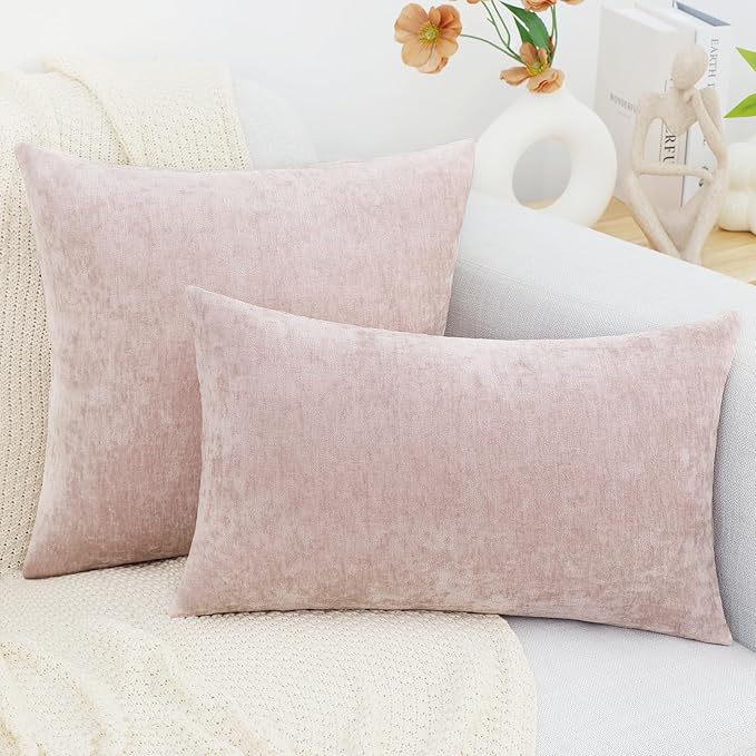 decorUhome Chenille Blush Pink Throw Pillow Covers 12x20 Inch Set of 2, Decorative Soft Couch Pillow Covers Solid Dyed Accent Velvet Farmhouse Neutral Rectangle Pillow Cases for Sofa Living Room
