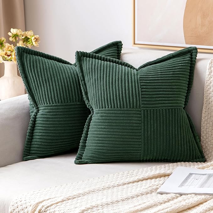 MIULEE Christmas Decorative Throw Pillow Covers for Couch Bed Livingroom 12x12 Inch Set of 2 Dark Green Boho Accent Throw Pllows Broadside Striped Patchwork Soft Corduroy Pillowcases