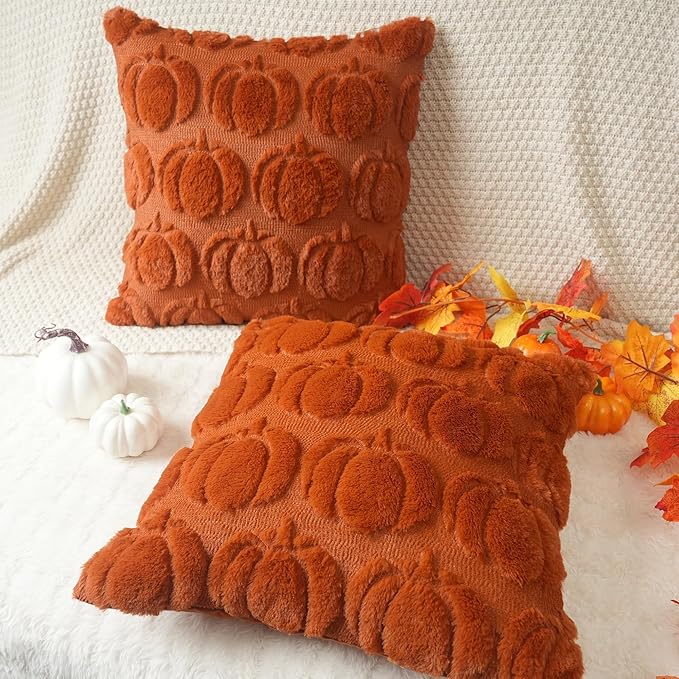 GEEORY Fall Pumpkins Soft Plush Pillow Covers, 16 x 16 Inch Set of 2, Fluffy Faux Fur Wool Decorative Farmhouse Cushion Case for Sofa Home Decoration Rust Pumpkin GC019-16