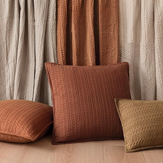 Foindtower Set of 2 Decorative Cotton Waffle Weave Textured Throw Pillow Covers Euro Sham Cushion Covers Accent Pillowcase For Bed Couch Sofa Bedroom Living Room Home Decor 18×18 Inch Fall Rust Orange