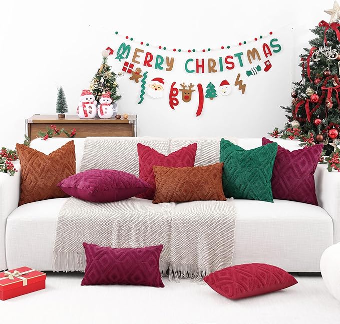 Pallene Christmas Burgundy Throw Pillow Covers 20x20 Set of 2, Soft Plush Faux Fur Decorative Couch Pillow Covers for Sofa Bed Living Room Pillow Cases with 3D Diamond Pattern