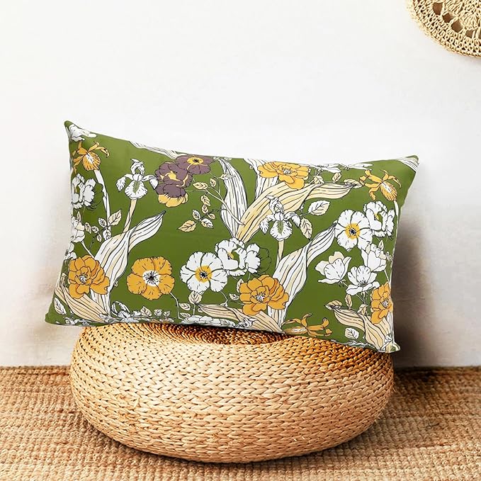 Decorative Throw Pillow Covers Set of 2 Green Pillow Covers 12x20 inch Soft Short Plush Square Freesia Floral Throw Pillows,Farmhouse Outdoor Pillow Covers for Couch Sofa Bed Living Room