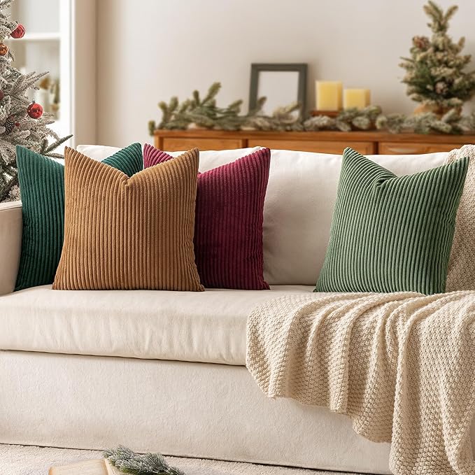 MIULEE Boho Farmhouse Christmas Green Throw Pillow Covers 18x18 Inch Set of 4 Mordern Nordic Cushion Covers Soft Corduroy Home Decor for Couch Bed Sofa Living Room