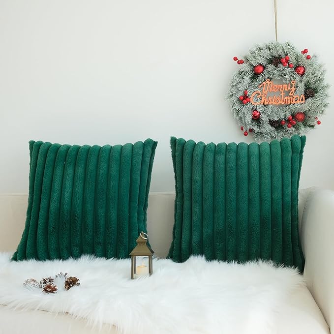 JOJUSIS Pack of 2 Faux Fur Plush Decorative Throw Pillow Covers Couch Cushion Case Soft Pillowcases (Dark Green, 22 x 22-Inch)
