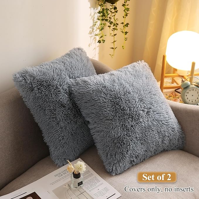 XeGe Cozy Faux Fur Throw Pillow Covers, Zippered Fluffy Cushion Covers, Shaggy Fuzzy Decorative Pillow Covers, Plush Furry Pillowcases Pack of 2 for Sofa Couch Home Decor (18''x18'', Light Gray)