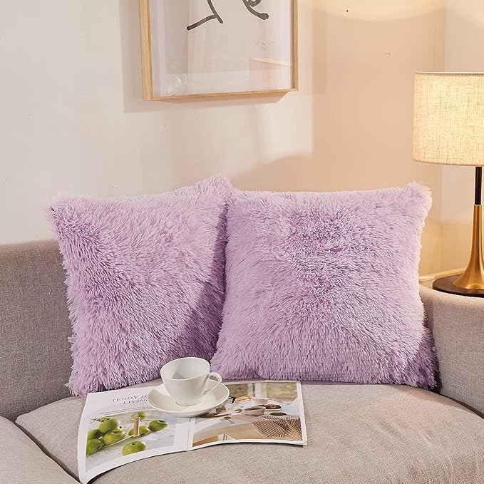 XeGe Faux Fur Lavender Throw Pillow Covers, Shaggy Fluffy Cushion Covers, Plush Furry Pillow Cases, Fuzzy Decorative Pillow Shams Zipper Set of 2 Sofa Bed Couch Living Room (18''x18'', Orchid Tint)