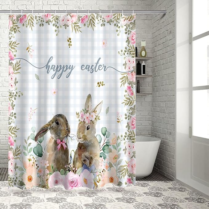 Rabbits Flowers Easter Shower Curtain, Eucalyptus Leaf Spring Shower Curtains Set with Hooks, Grey White Buffalo Plaid Waterproof Fabric Bathroom Curtains Decor Accessories, Stall Long 54 X 78 Inch