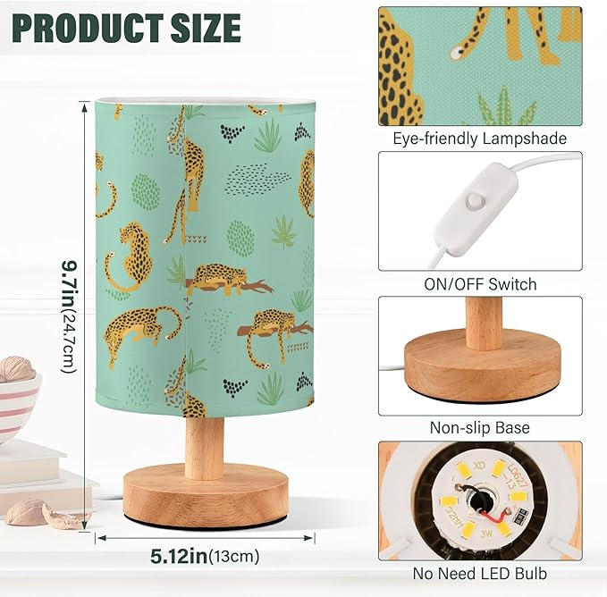 Table Lamp Vintage Cheetah Leopard Animal Tropical Palm Leaf Print Nightstand Lamp with Wood Base Fabric Lamp Shade Bedside Desk Lamp for Living Room Bedroom Kids Room Office